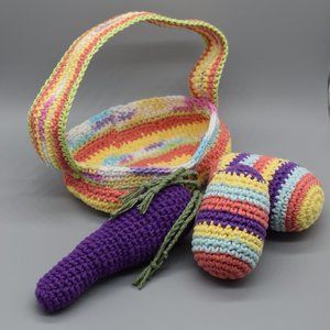 Hand Crafted Crochet Kitty Cat Easter Basket With Catnip Eggs and Carrot Toys